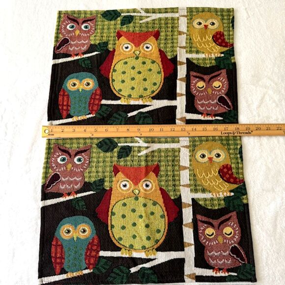 Set of 2 Owl Tapestry Placemats Woodland Boho Folk Art Woven Table Decor VTG - Picture 5 of 6